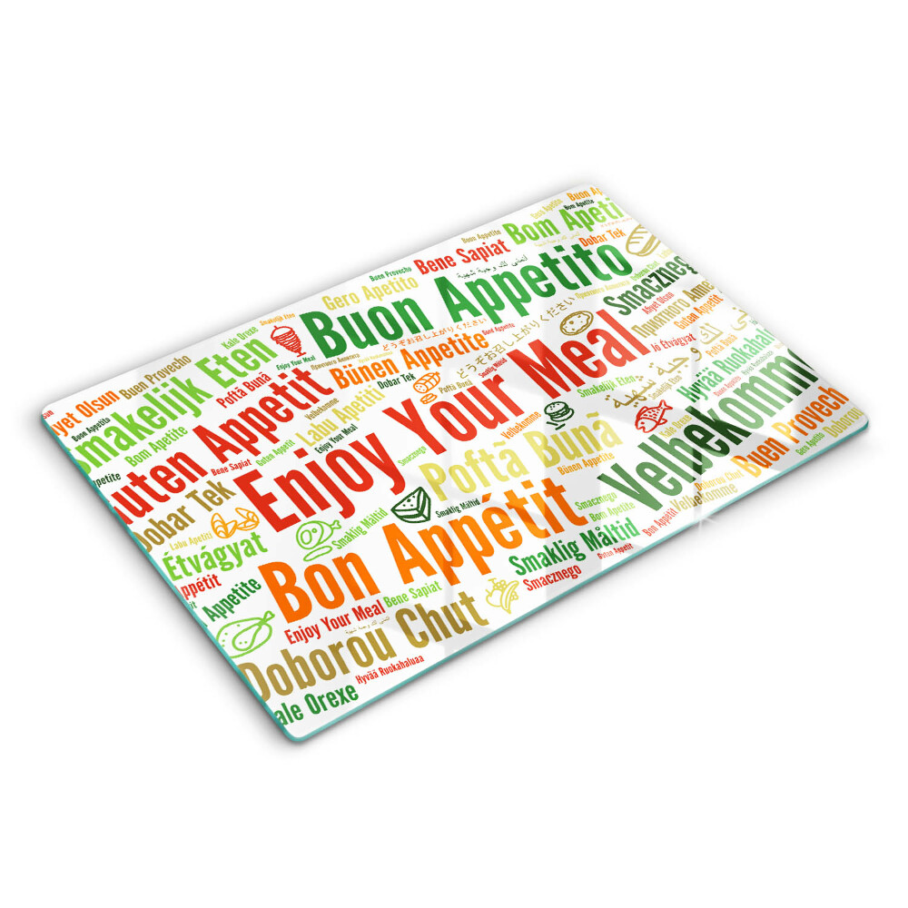 Üveg vágódeszka fényképpel 80x52 cm Ízletes nyelvek felirat