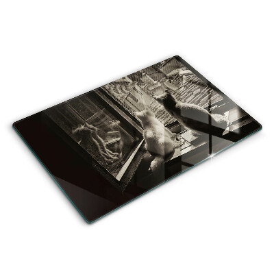 Üveg vágódeszka fényképpel 80x52 cm Macskák város és ablak