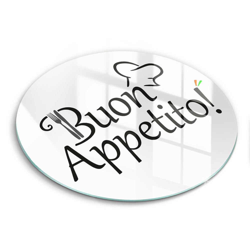 Üveg vágódeszka fényképpel kerek Felirat Buon Appetito!