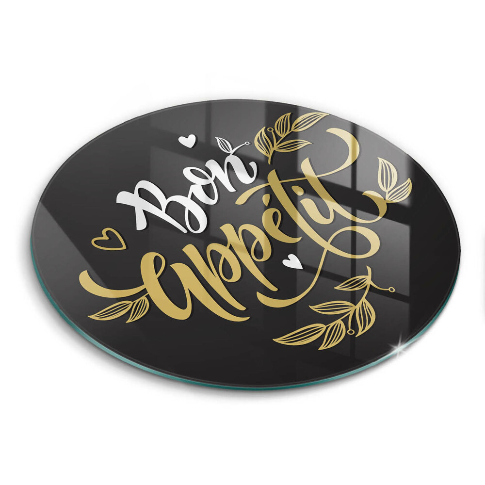 Üveg vágódeszka fényképpel kerek Bon Appetit felirat