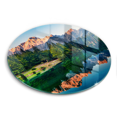Üveg vágódeszka fényképpel kerek Erdő és hegyi tó