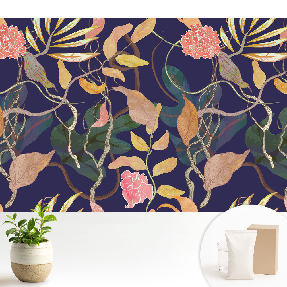 Modern tapéta Egzotikus növények sötétkék alapon