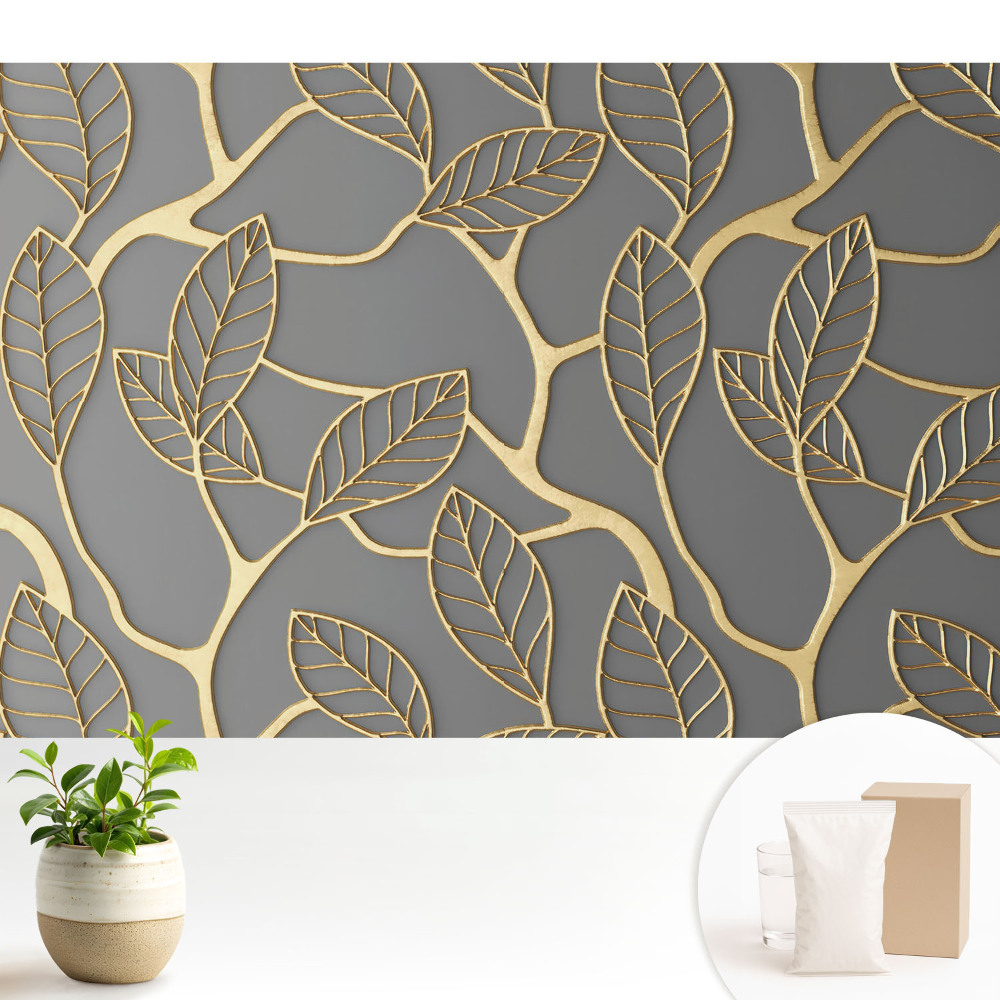 Modern tapéta Levelek szürke háttéren, finom minta