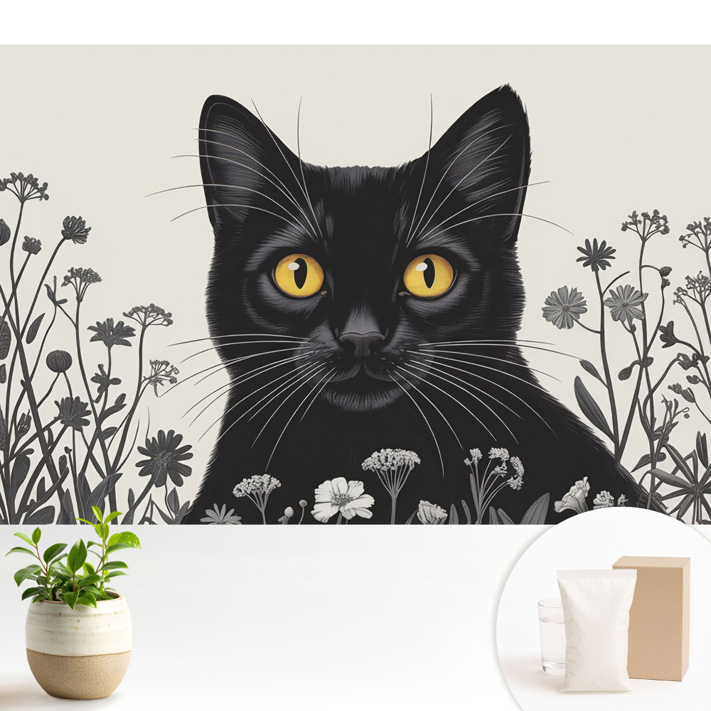 Dekor tapéta Egy fekete macska sárga szemekkel a virágok között