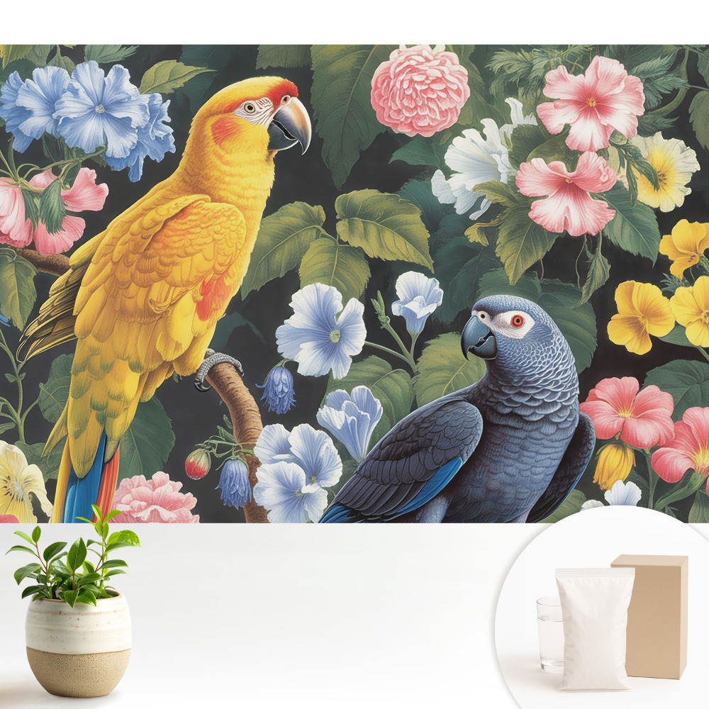 Tapéta Színes trópusi madarak virágok között