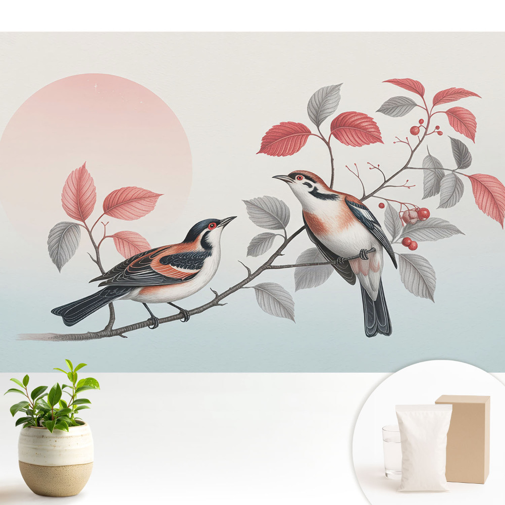 Modern tapéta Madarak egy ágon, harmonikus kompozíció