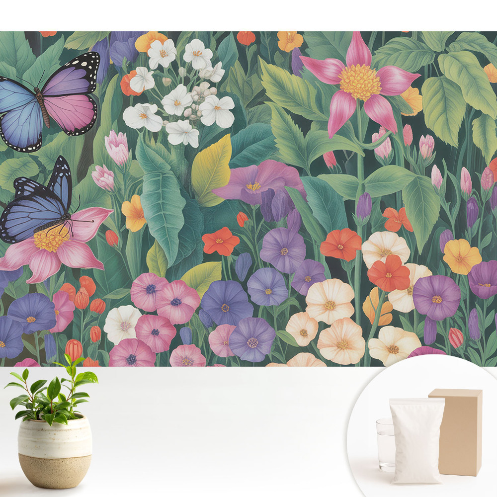 Dekor tapéta Egy színes rét, tele virágokkal és pillangókkal.