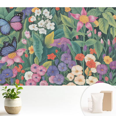 Dekor tapéta Egy színes rét, tele virágokkal és pillangókkal.