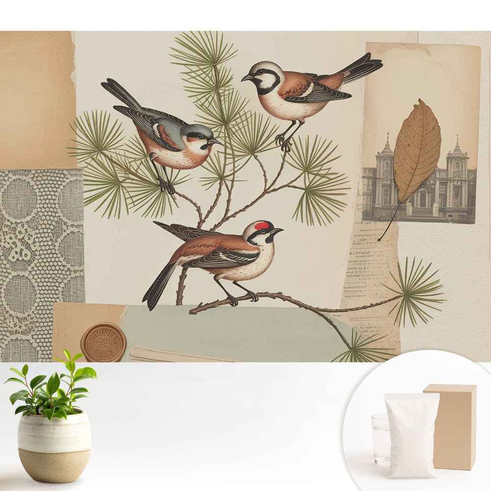 Tapéta Madarak egy ágon vintage kollázs