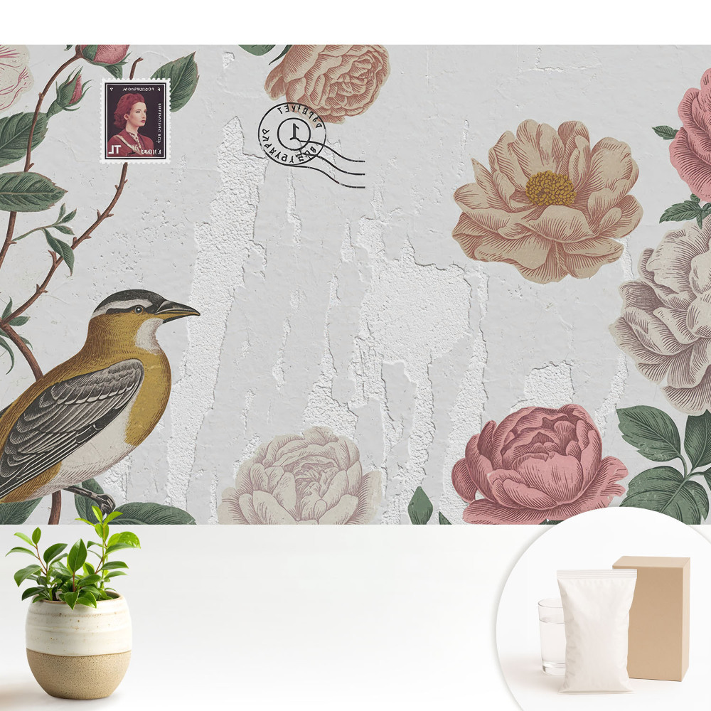 Modern tapéta Virágok és egy madár a falon a háttérben