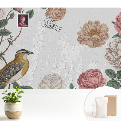 Modern tapéta Virágok és egy madár a falon a háttérben