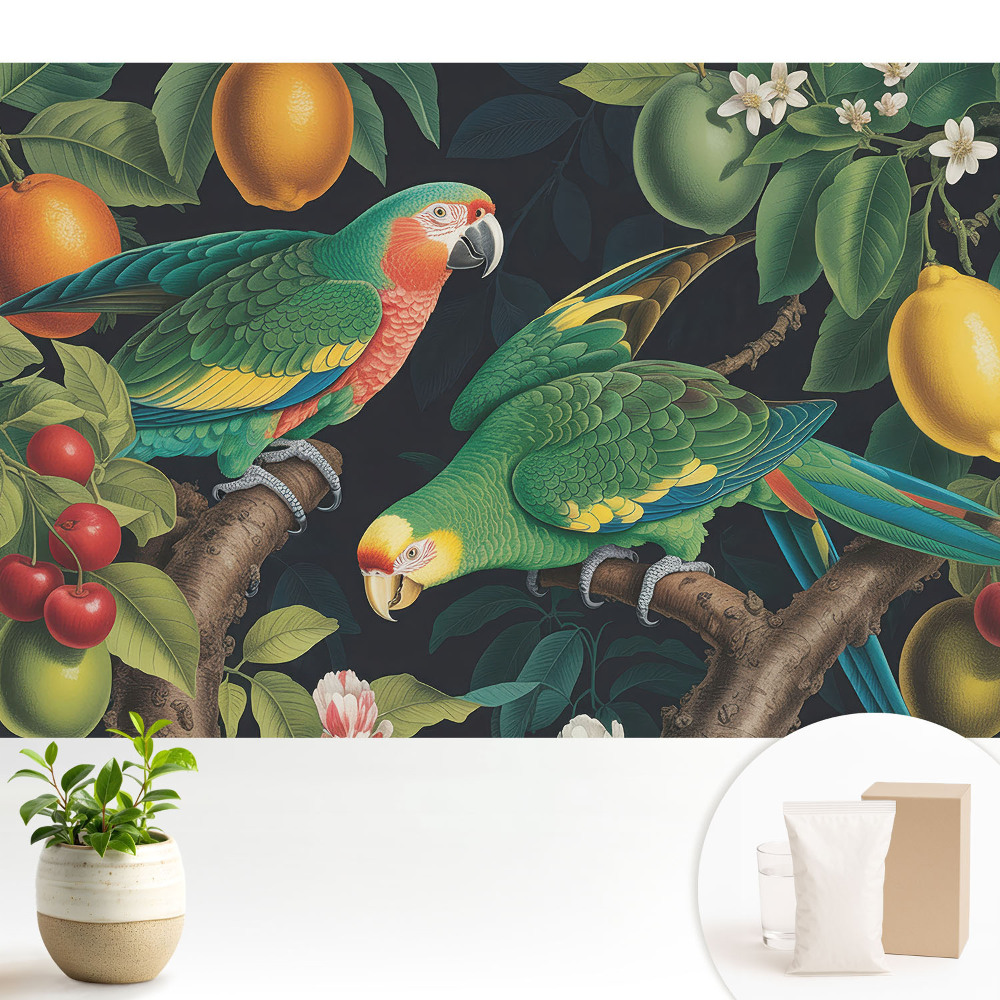 Dekor tapéta Egzotikus motívum papagájokkal és gyümölcsökkel