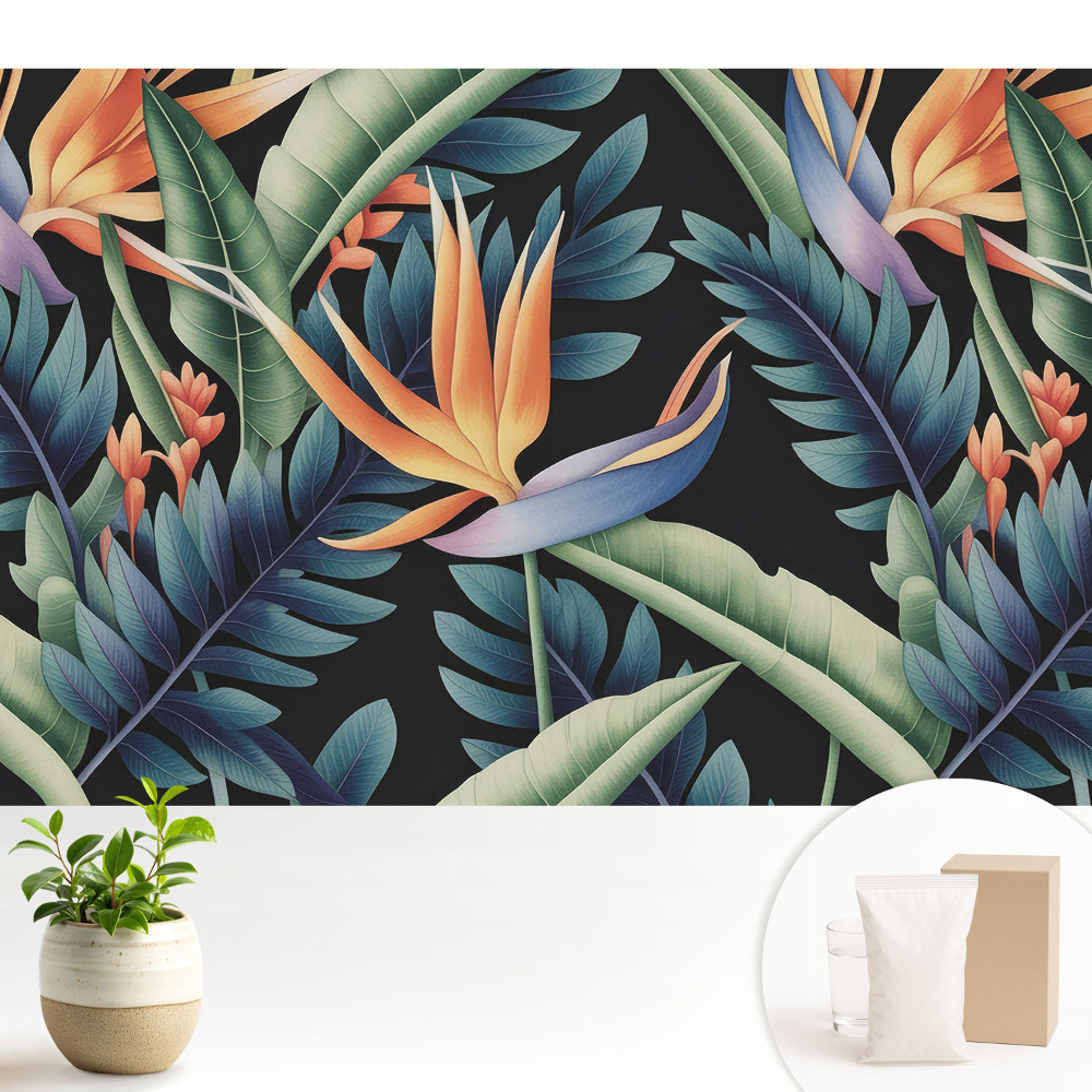 Modern tapéta Trópusi virágok fekete háttéren