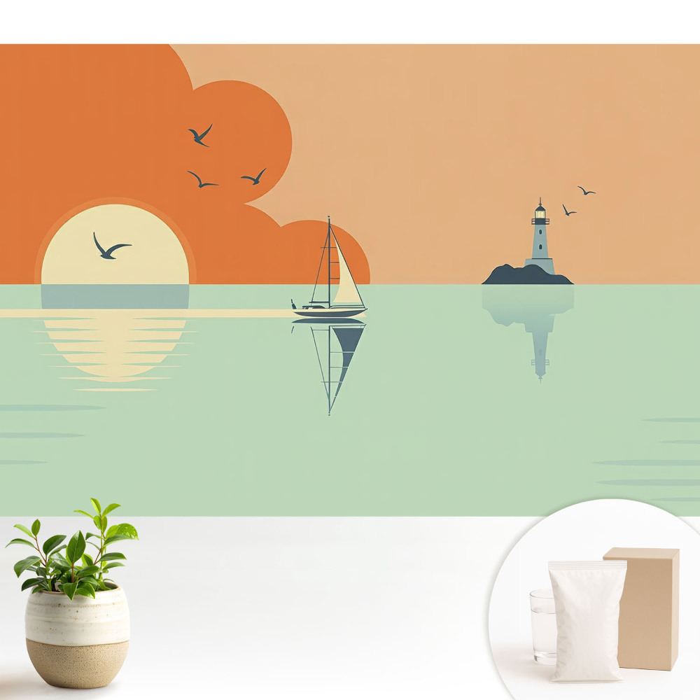 Modern tapéta Egy vitorláshajó és egy világítótorony a napfelkelte hátterében