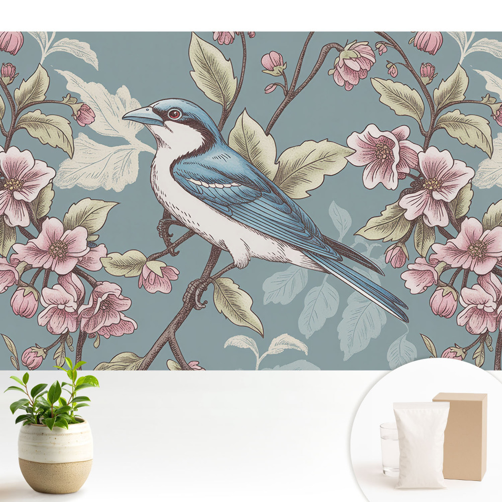Modern tapéta Egy madár és virágzó cseresznyeágak