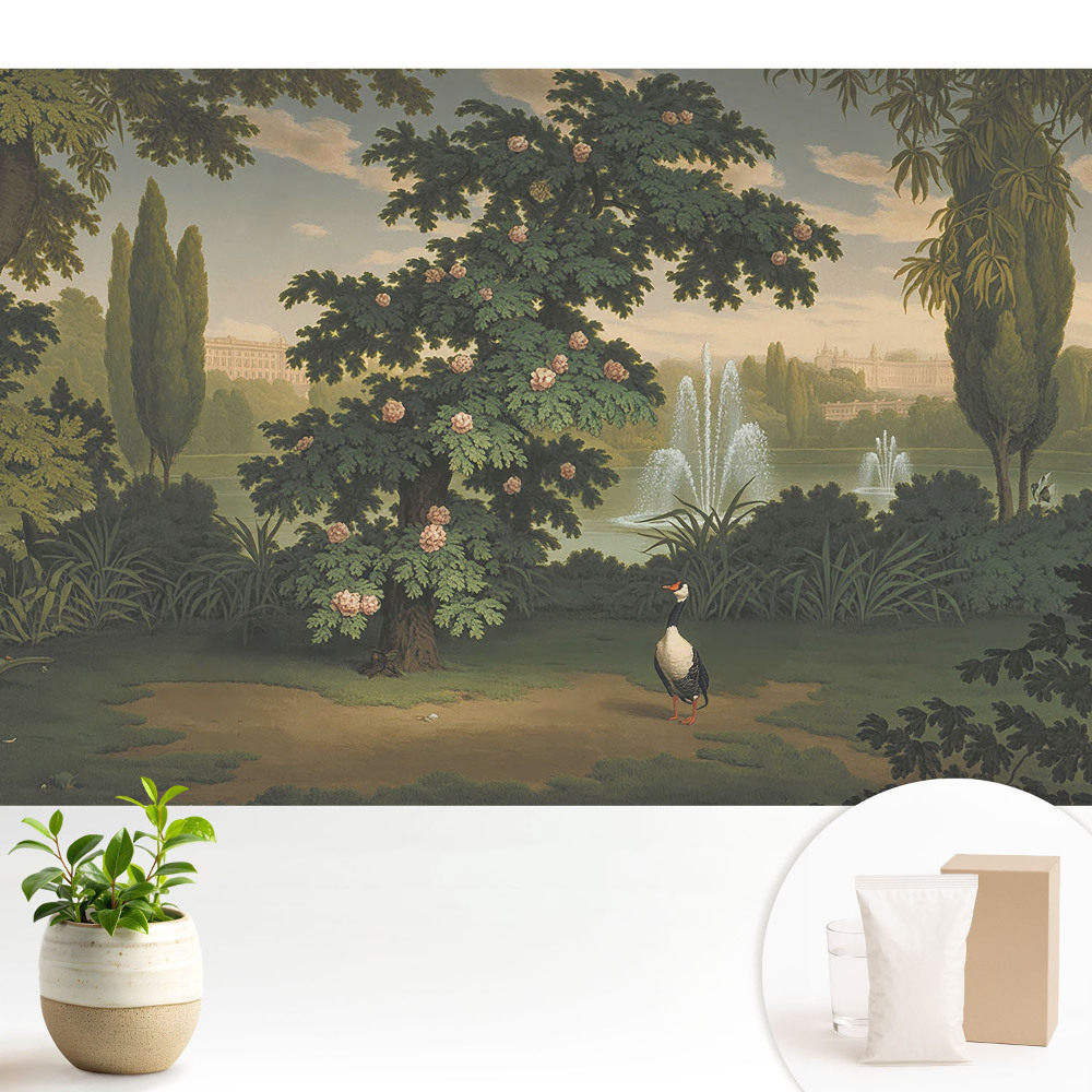 Tapéta Egy festői kert egy fával és egy madárral