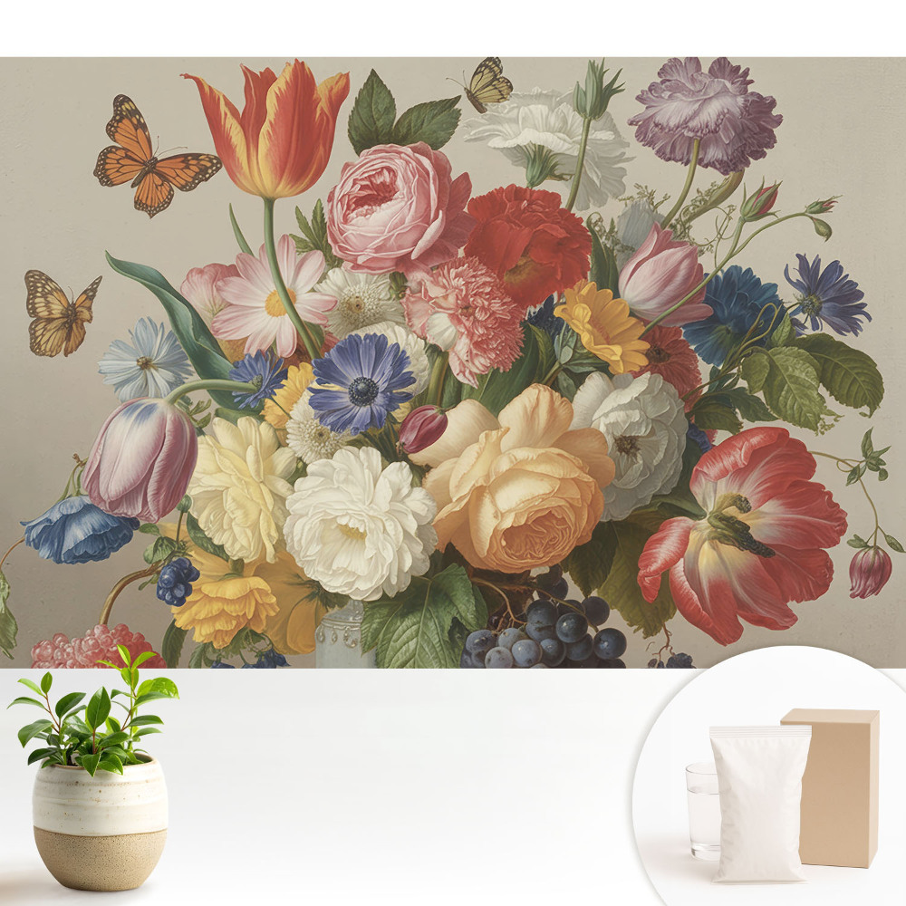 Modern tapéta Színes virágcsokor pillangókkal