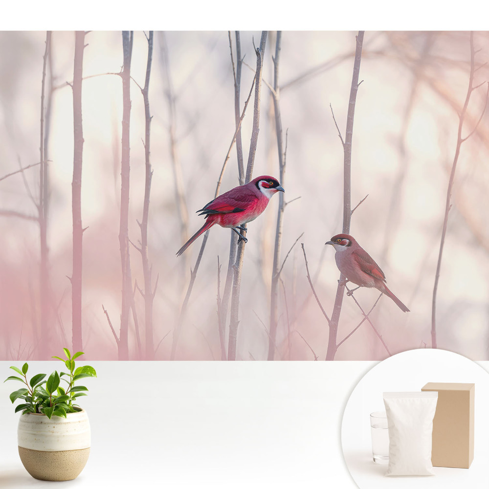Tapéta Aranyos madarak a rózsaszín erdőben