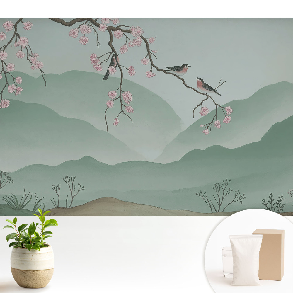 Tapéta Virágok és madarak a dombok hátterében