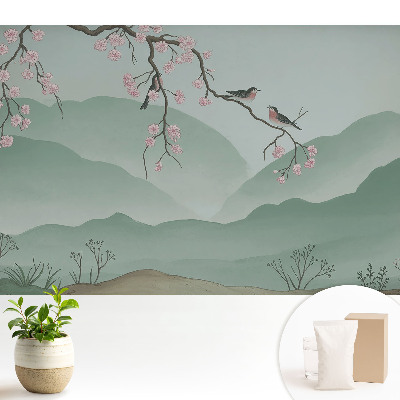 Tapéta Virágok és madarak a dombok hátterében