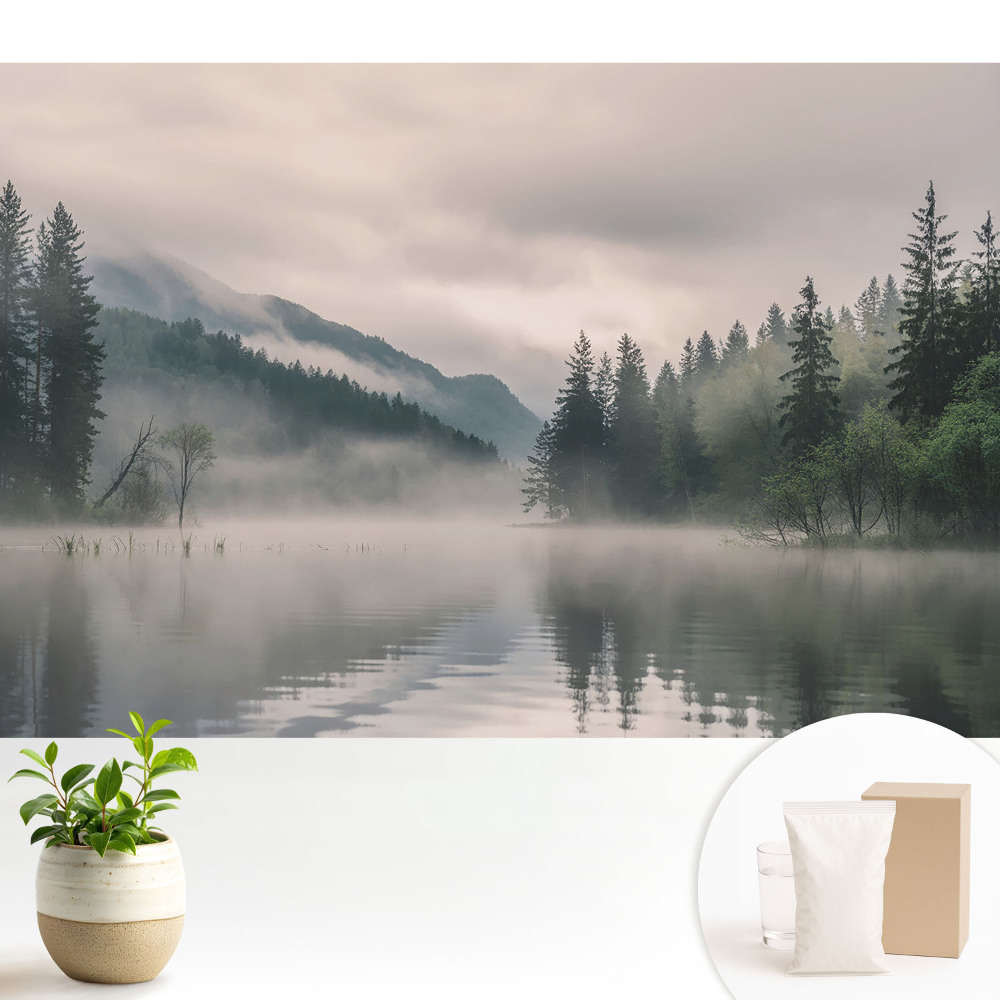 Tapéta Köd a tó felett a hegyek között