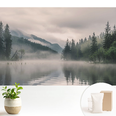 Tapéta Köd a tó felett a hegyek között