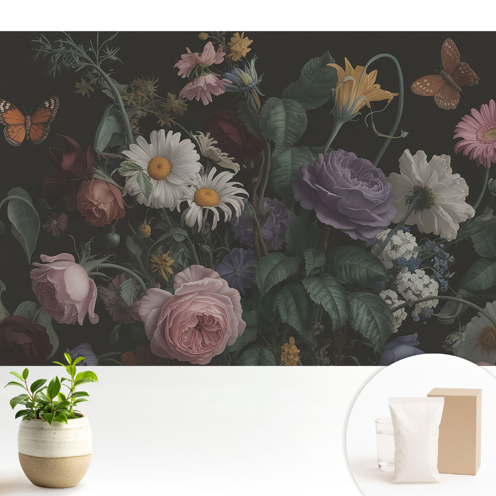 Modern tapéta Virágcsokor pillangókkal sötét háttér előtt