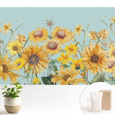 Dekor tapéta Rusztikus napraforgók és virágok kéken