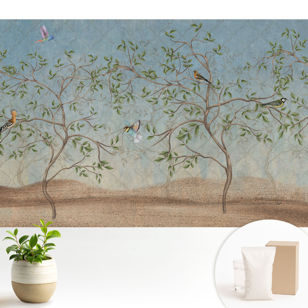 Tapéta Színes madarak egy fán, visszafogott légkörben