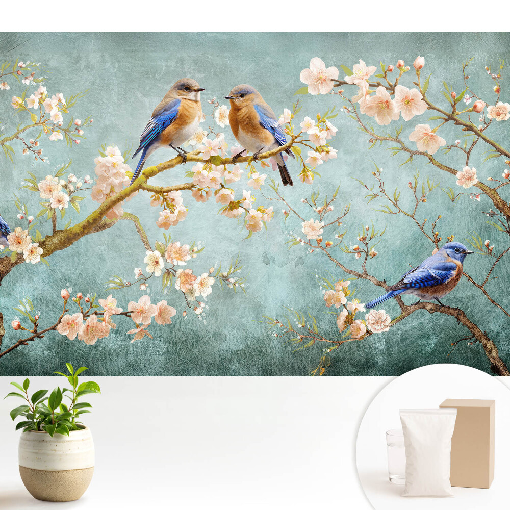 Tapéta Madarak virágzó ágakon pasztell minta