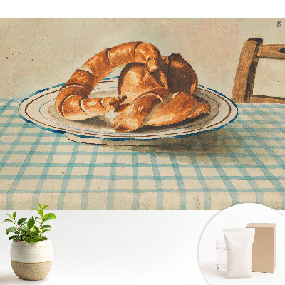 Tapéta Croissant-ok egy tányéron egy kockás asztalnál