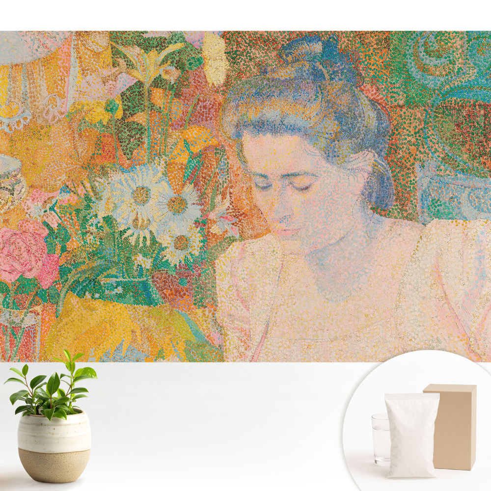 Modern tapéta Egy virágokkal körülvett, gondolkodó nő