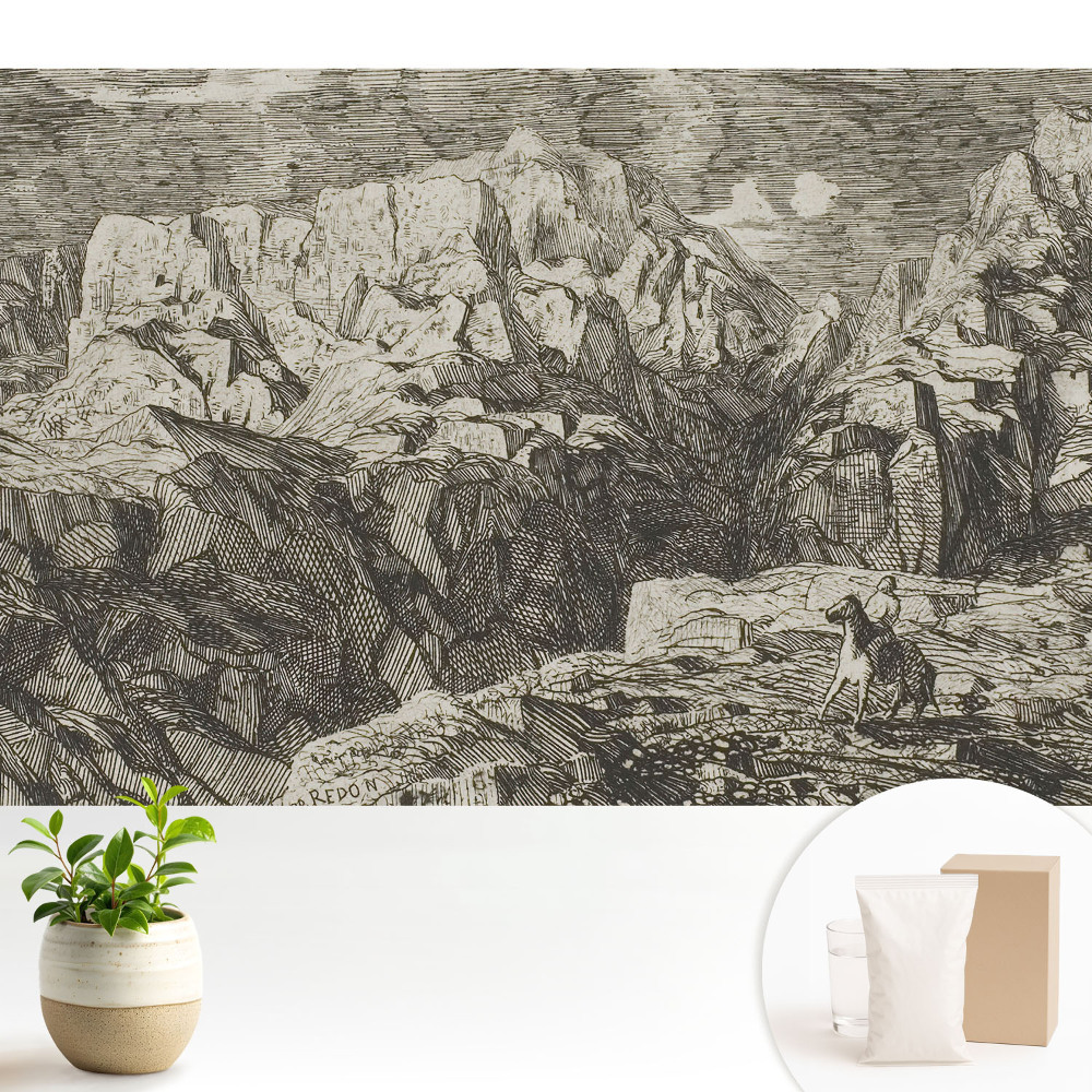 Modern tapéta Klasszikus grafika, durva sziklák, figura szamárral