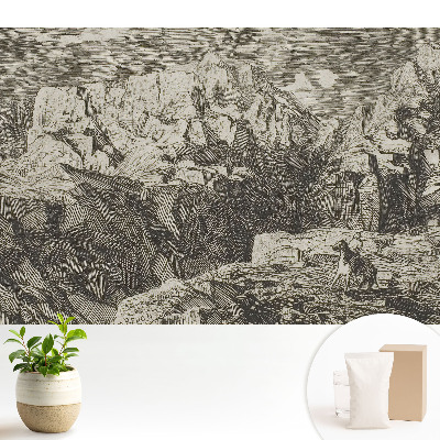 Modern tapéta Klasszikus grafika, durva sziklák, figura szamárral