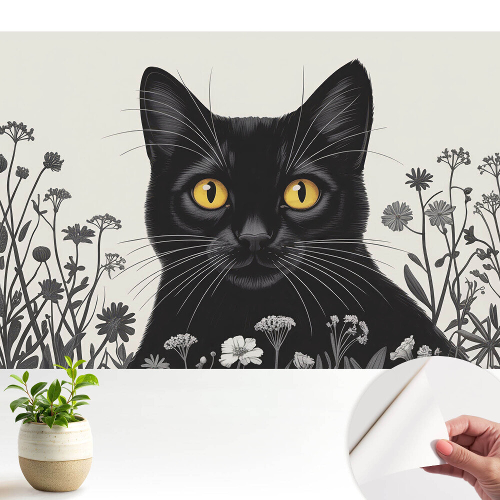Öntapadó tapéta Egy fekete macska sárga szemekkel a virágok között
