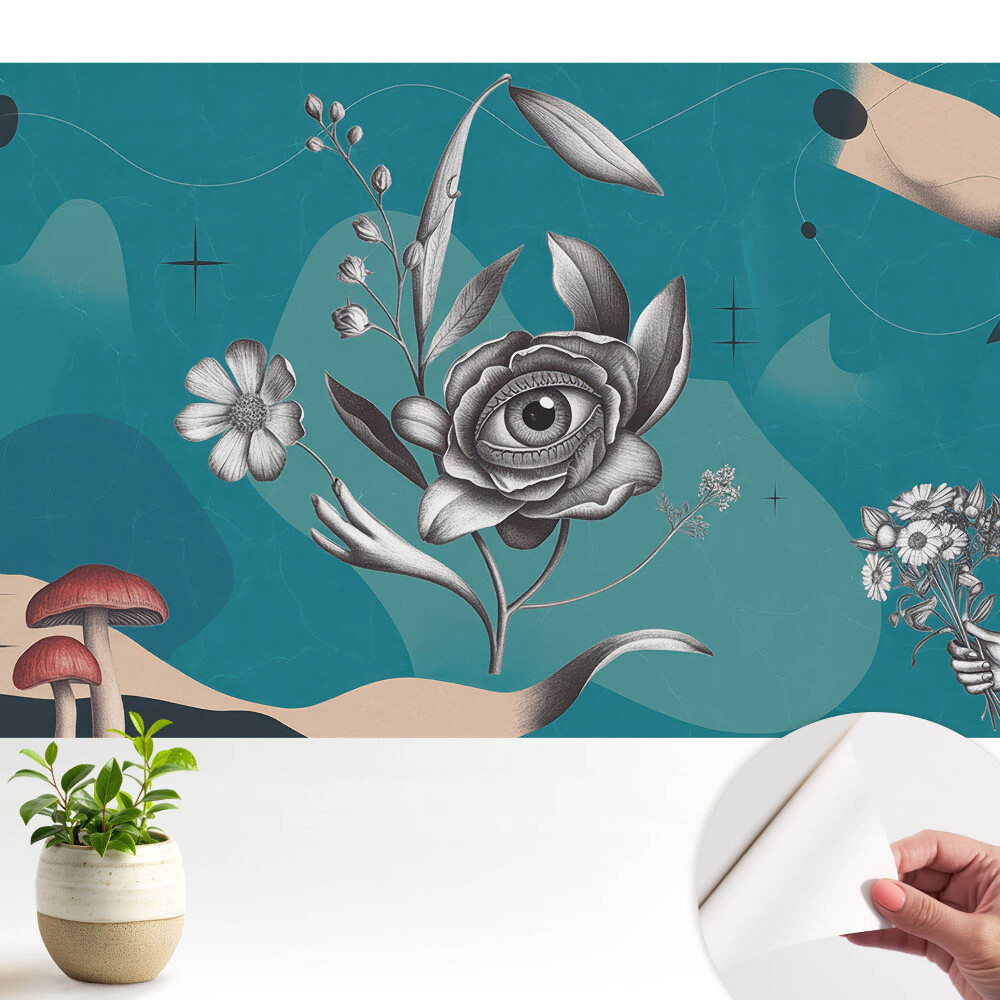 Öntapadós tapéta szürrealista virágkollázzal falra