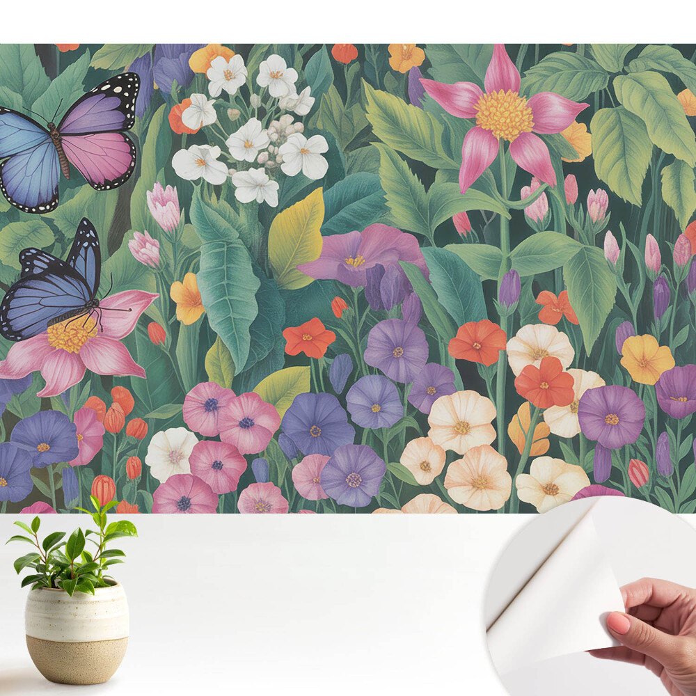 Dekor tapéta Egy színes rét, tele virágokkal és pillangókkal.