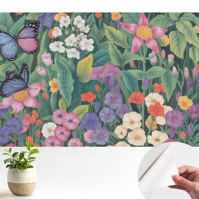 Dekor tapéta Egy színes rét, tele virágokkal és pillangókkal.