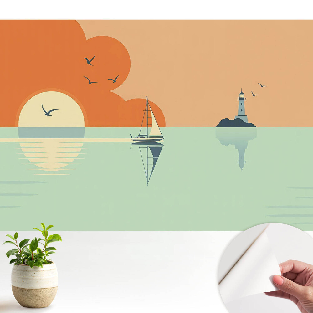 Öntapadós tapéta Egy vitorláshajó és egy világítótorony a napfelkelte hátterében