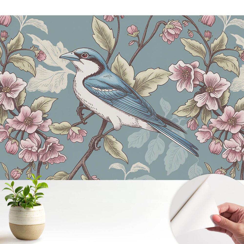 Öntapadós tapéta Egy madár és virágzó cseresznyeágak