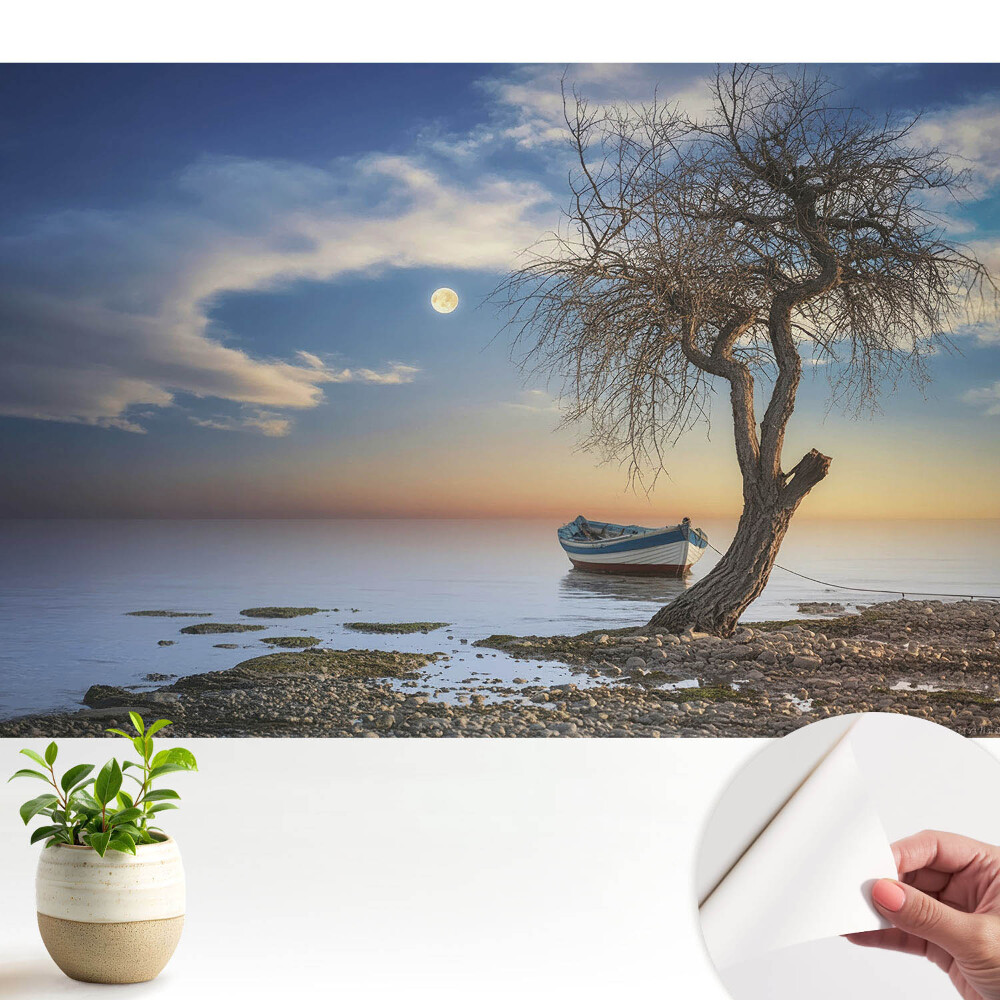 Öntapadós tapéta falra Romantikus naplemente egy hajóval és egy fával