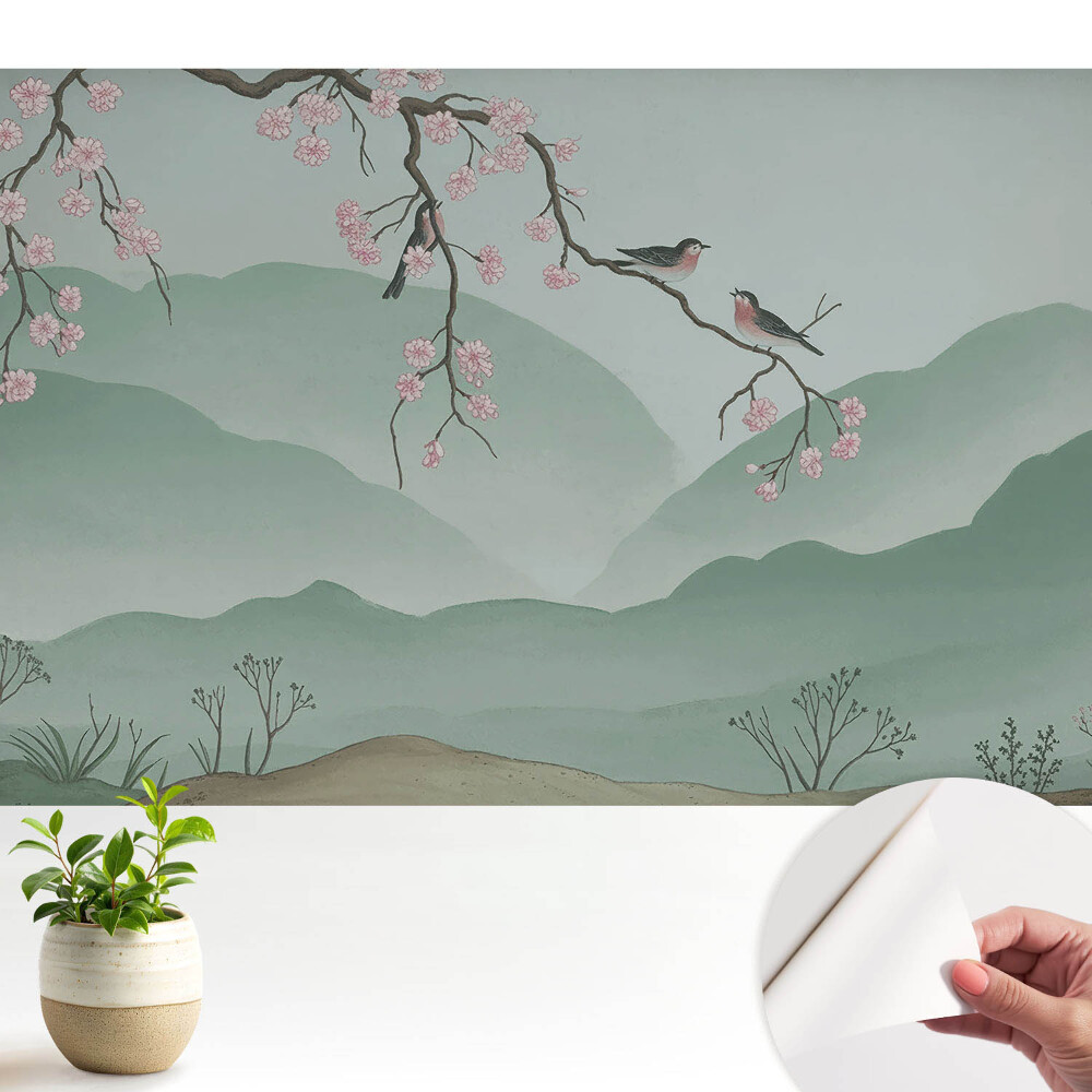 Tapéta Virágok és madarak a dombok hátterében