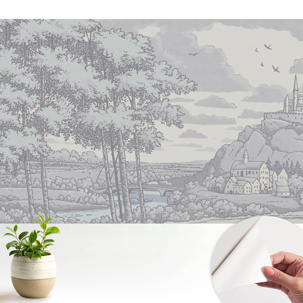 Dekor tapéta Vár, erdő, folyó, klasszikus illusztráció