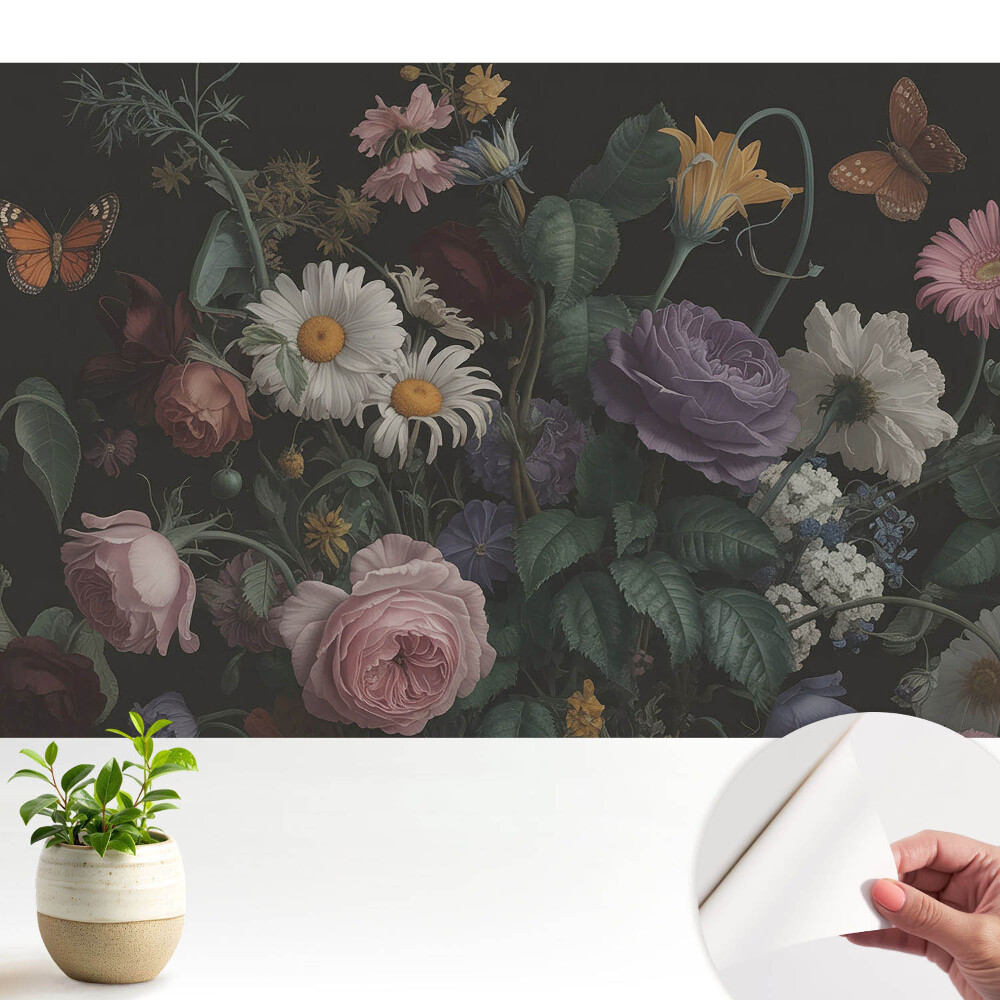 Modern tapéta Virágcsokor pillangókkal sötét háttér előtt