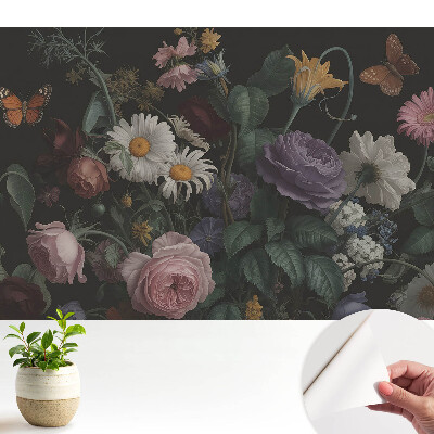 Modern tapéta Virágcsokor pillangókkal sötét háttér előtt