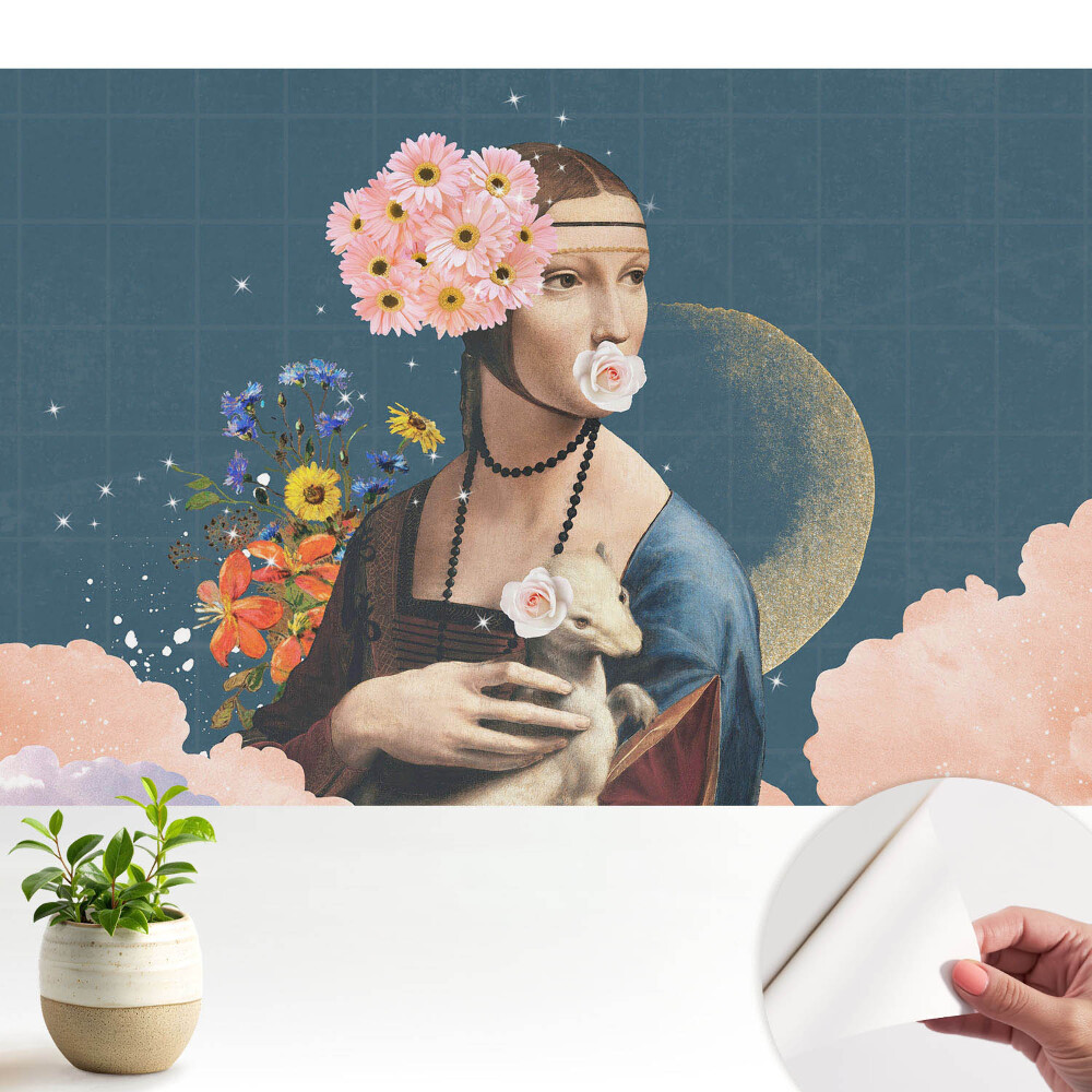 Öntapadós tapéta falra szürrealista virágos portré motívummal