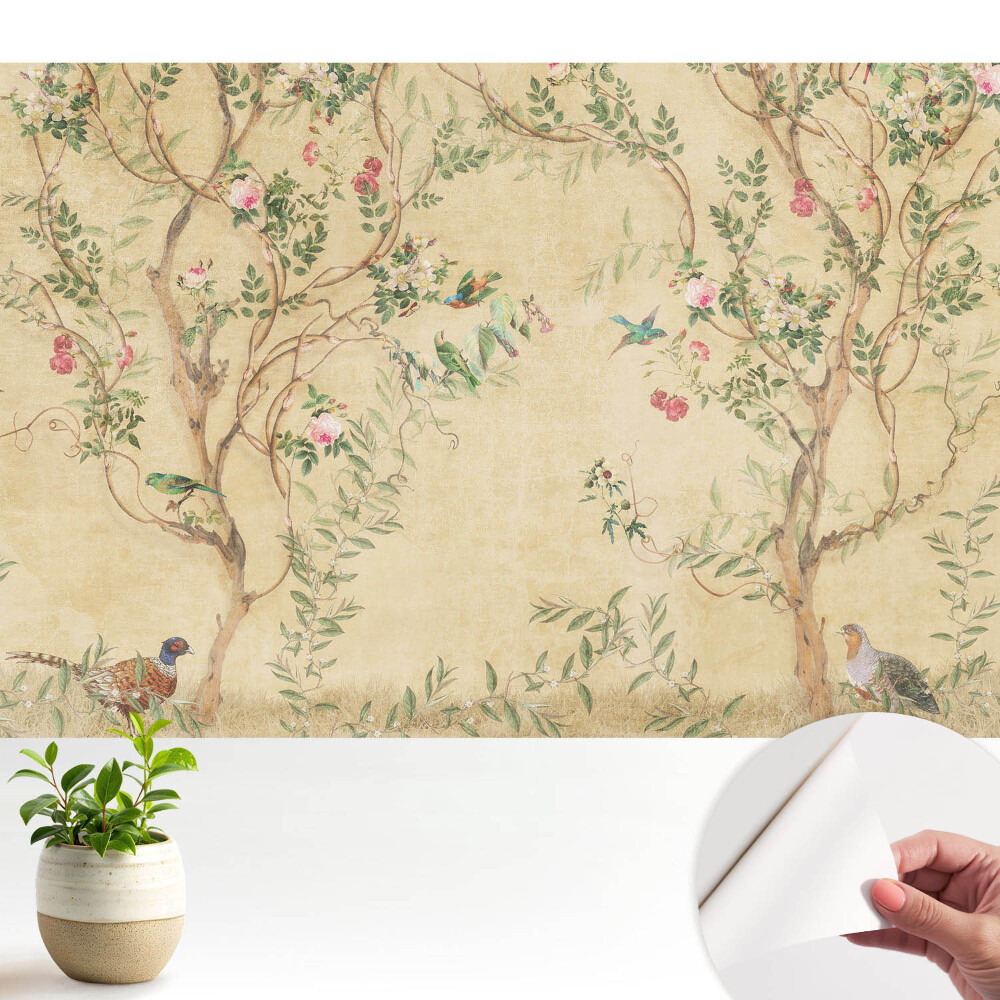 Öntapadós tapéta falra Egy elegáns fa virágokkal és madarakkal