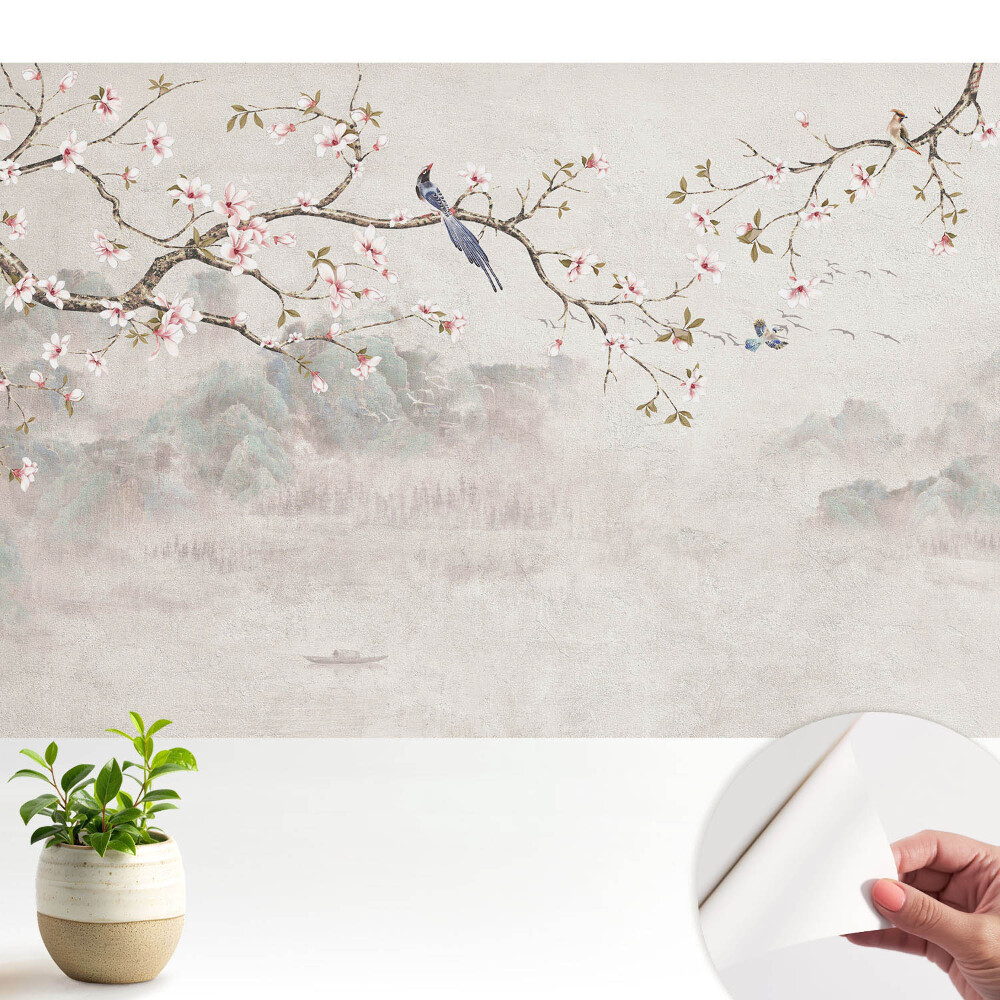Dekor tapéta Finom virágok és madarak a hegyek hátterében
