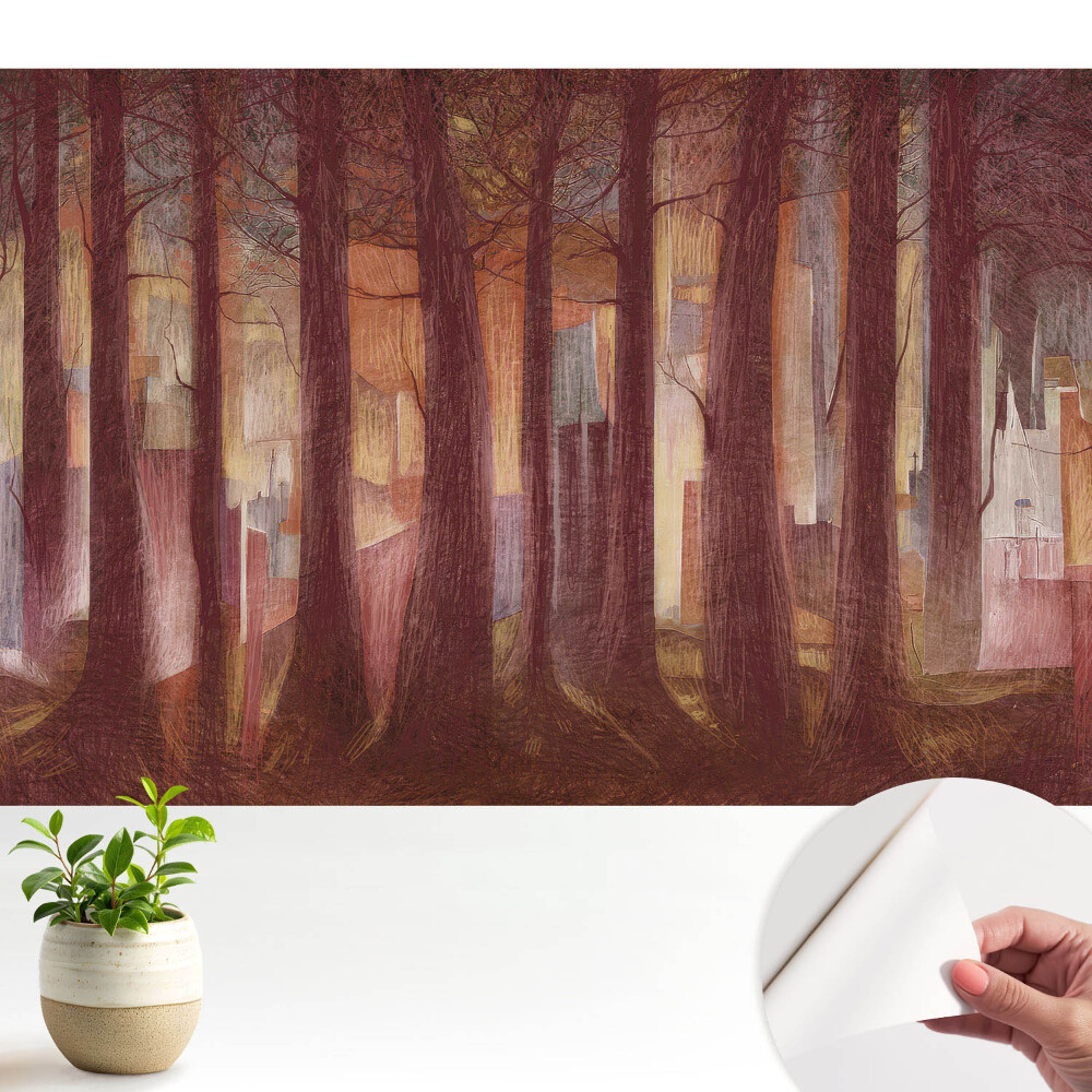 Öntapadó tapéta Egy erdő absztrakt épületekkel a háttérben