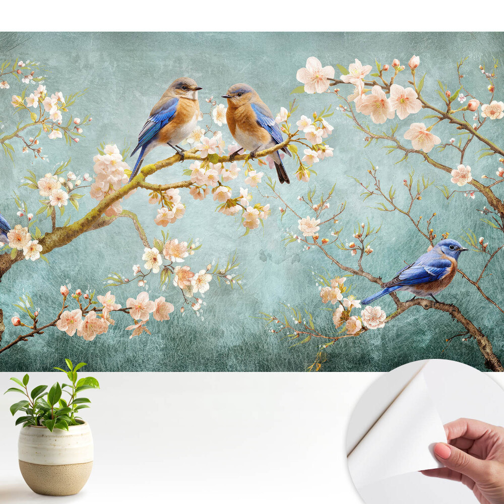 Tapéta Madarak virágzó ágakon pasztell minta